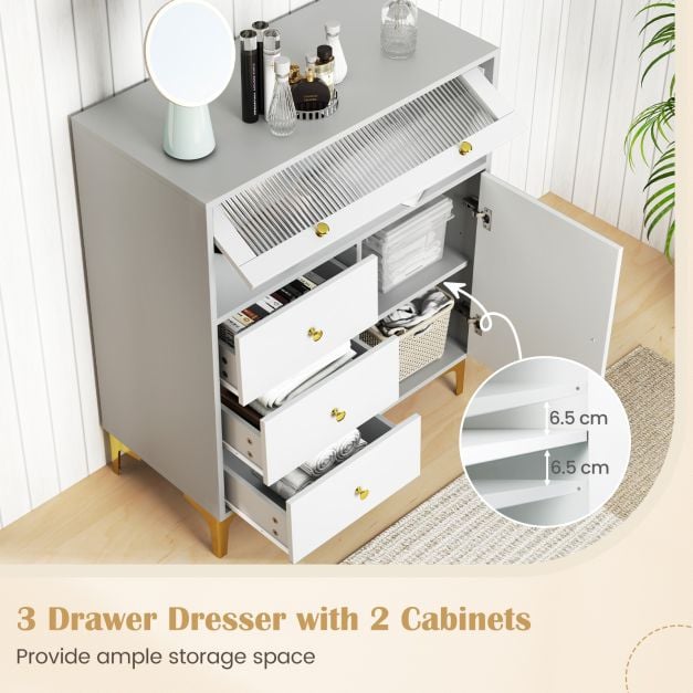 Chest of Drawers with Flip Up Fluted Glass Door and Pull-out Drawers-Grey
