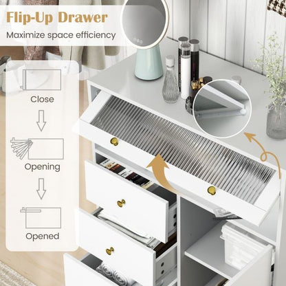 Chest of Drawers with Flip Up Fluted Glass Door and Pull-out Drawers-Grey