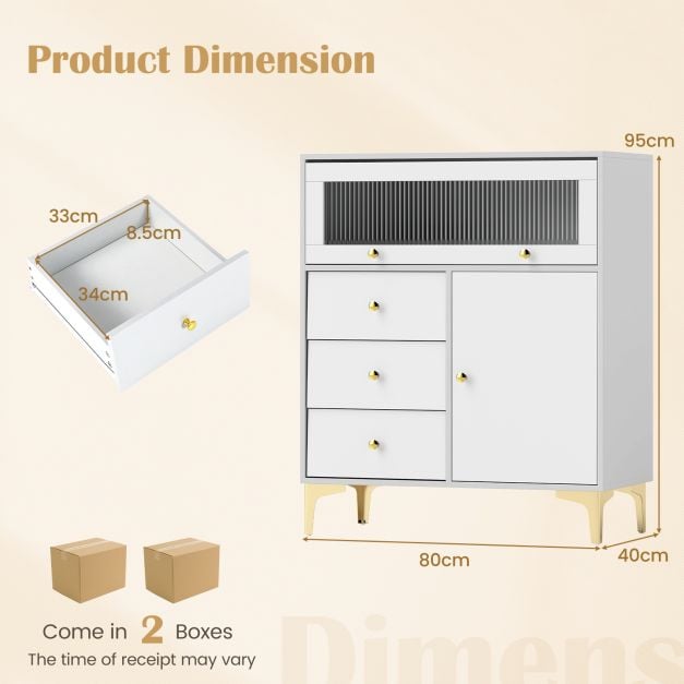 Chest of Drawers with Flip Up Fluted Glass Door and Pull-out Drawers-Grey