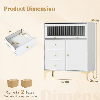 Chest of Drawers with Flip Up Fluted Glass Door and Pull-out Drawers-Grey