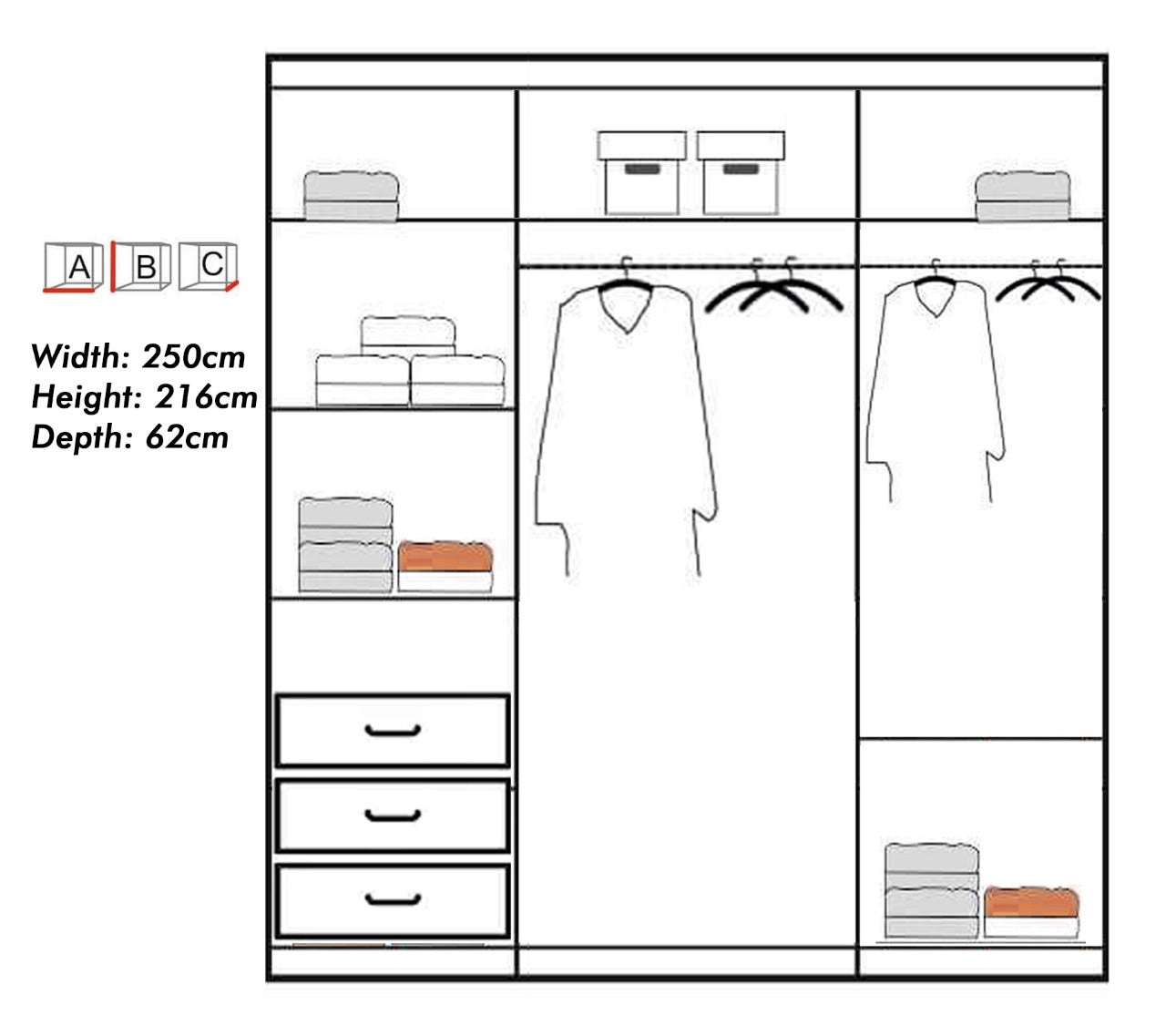 Giovany 250cm Large Sliding Wardrobe - White - Black - Grey