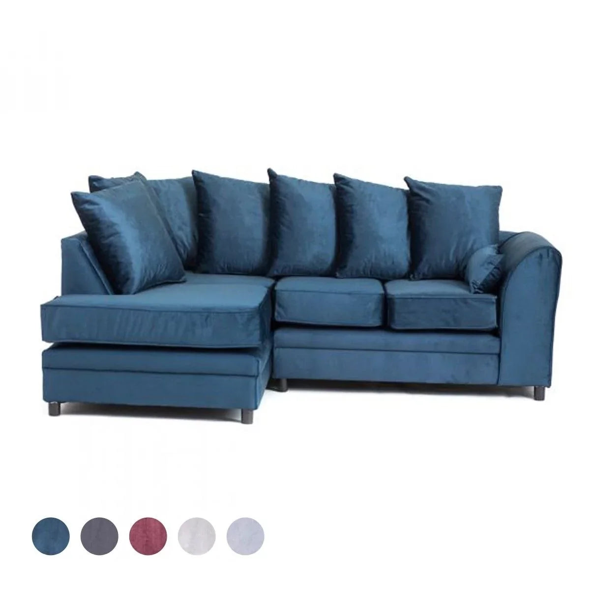 A dark blue velvet corner sofa with multiple cushions, featuring a wood frame and plastic legs.
