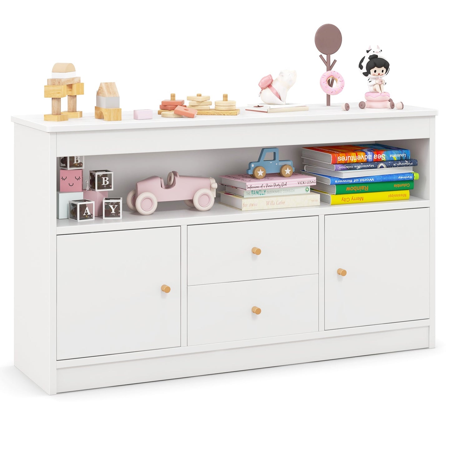 Wooden Kids Toy Children Bookshelf Storage Chest with Open Shelf-White