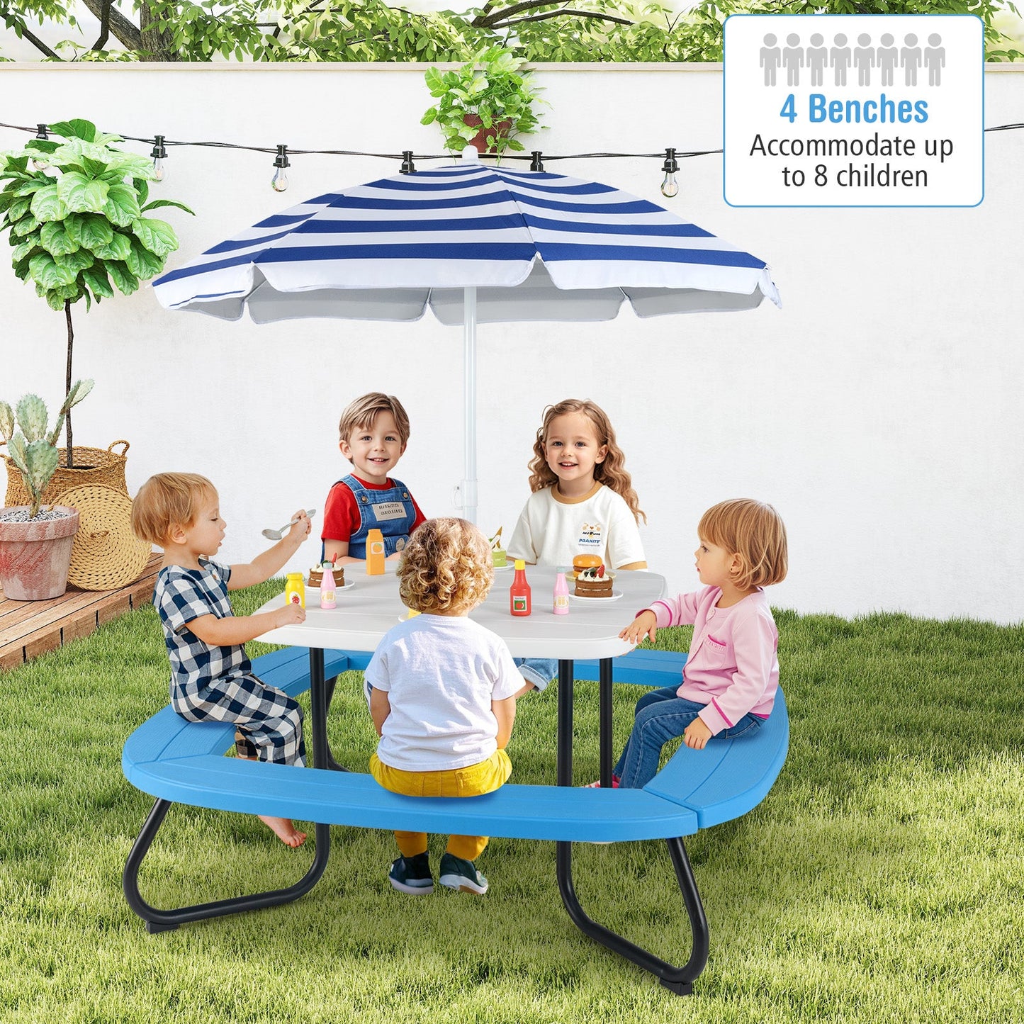 Children HDPE Kids Picnic Table with Height Adjustable Umbrella-White