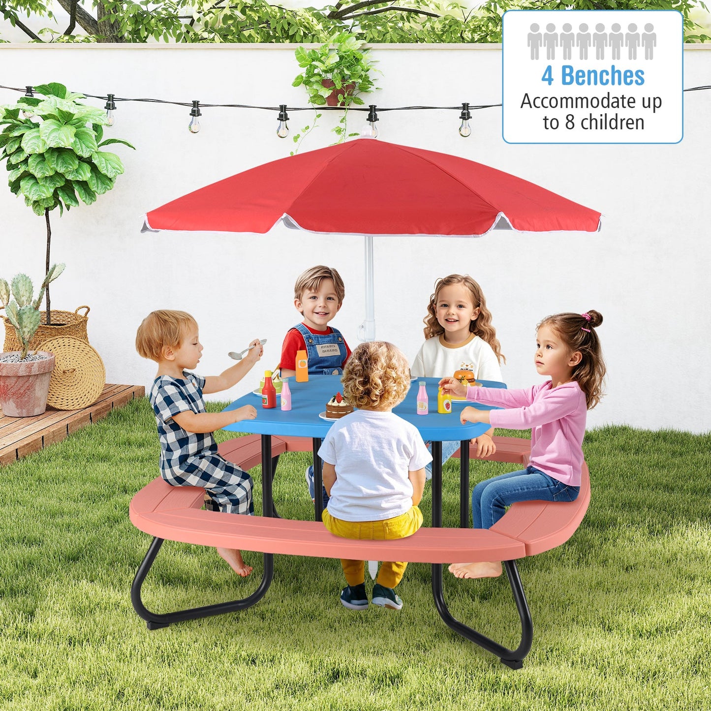 Children HDPE Kids Picnic Table with Height Adjustable Umbrella-Blue