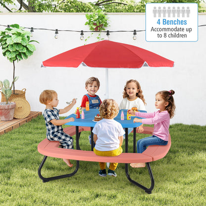 Children HDPE Kids Picnic Table with Height Adjustable Umbrella-Blue