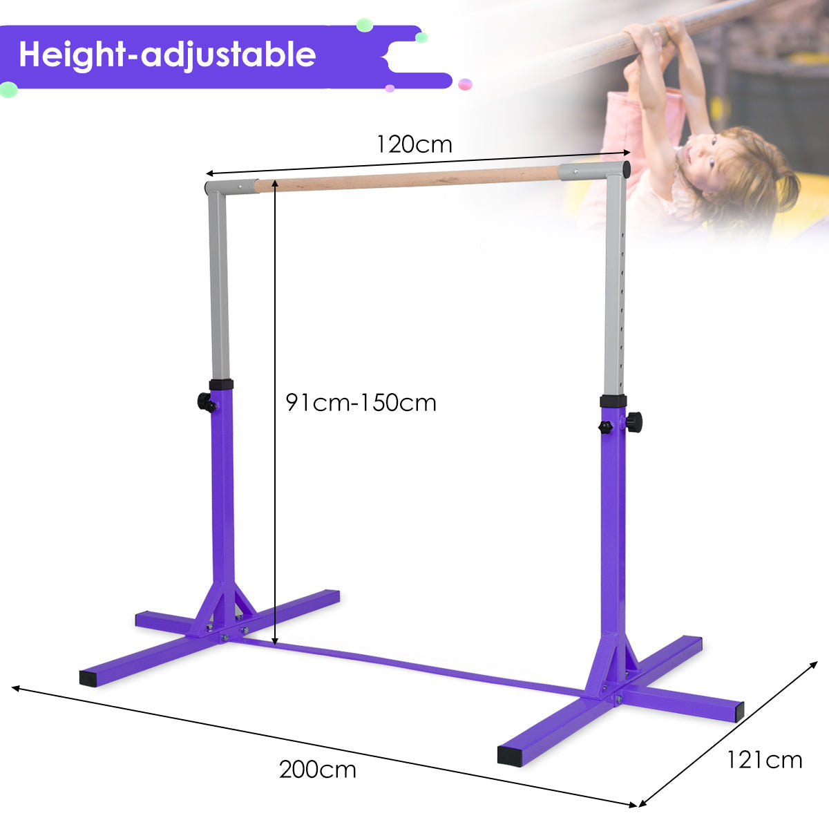 Children's Height Adjustable Gymnastics Training Bar, 90-150cm-Purple