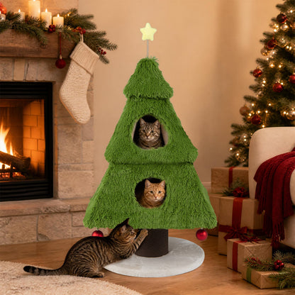 Christmas Cat Tree with Scratching Post and Dangling Balls-Green