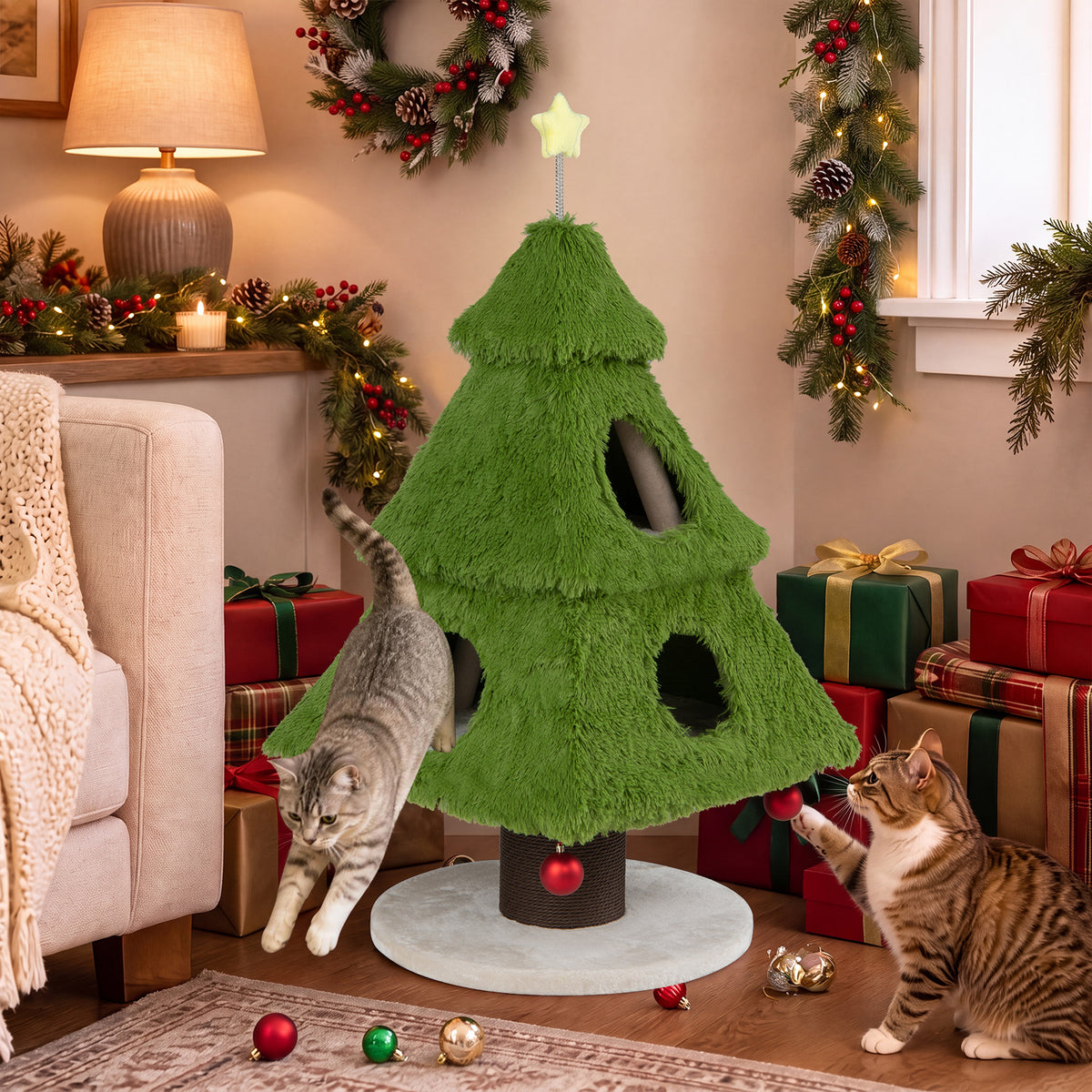 Christmas Cat Tree with Scratching Post and Dangling Balls-Green