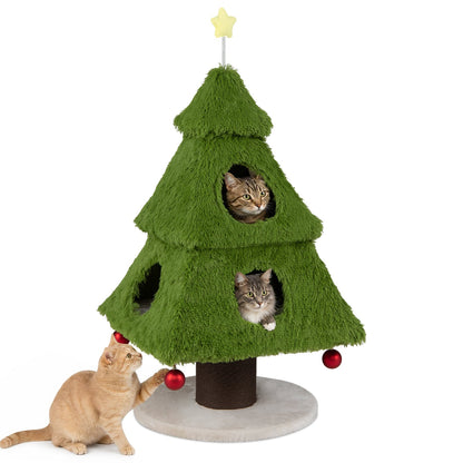 Christmas Cat Tree with Scratching Post and Dangling Balls-Green