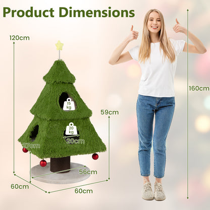 Christmas Cat Tree with Scratching Post and Dangling Balls-Green