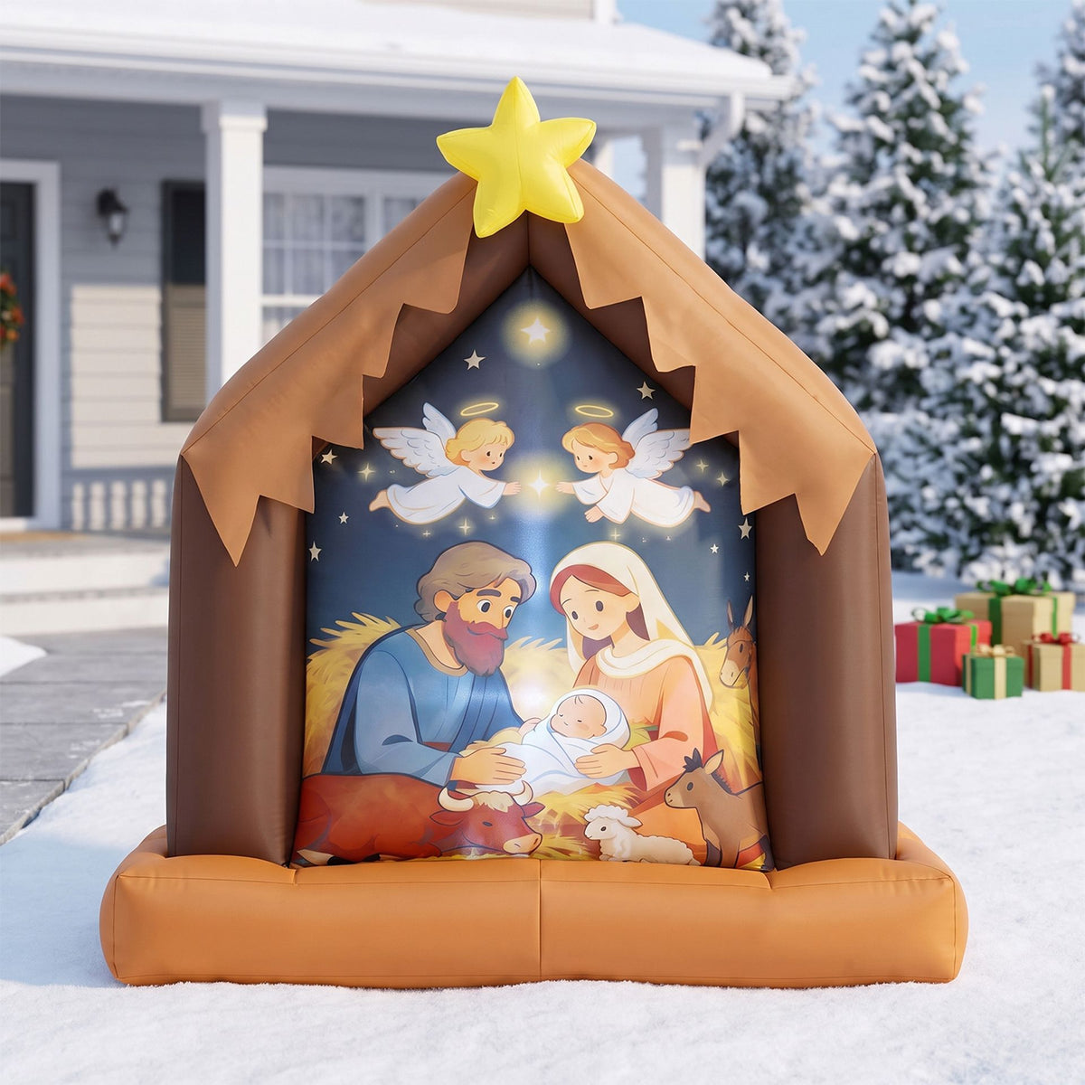Christmas Inflatable Nativity Scene with Built-in Lights and 4 Ground Stakes