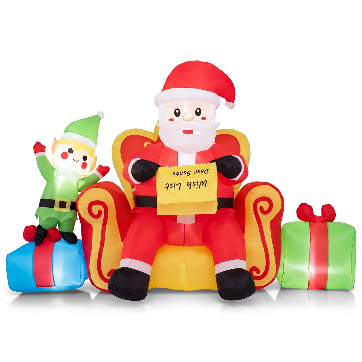 Christmas Inflatable Santa Claus on Sofa with Elf and Gift Boxes Built-in LED Lights