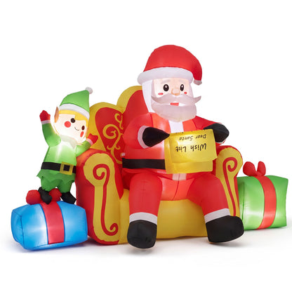 Christmas Inflatable Santa Claus on Sofa with Elf and Gift Boxes Built-in LED Lights
