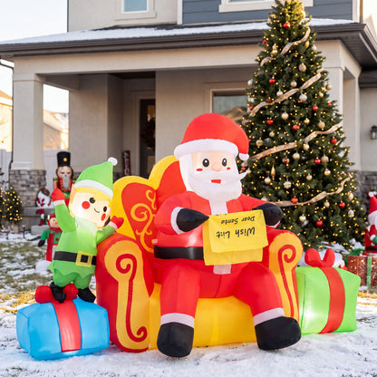 Christmas Inflatable Santa Claus on Sofa with Elf and Gift Boxes Built-in LED Lights