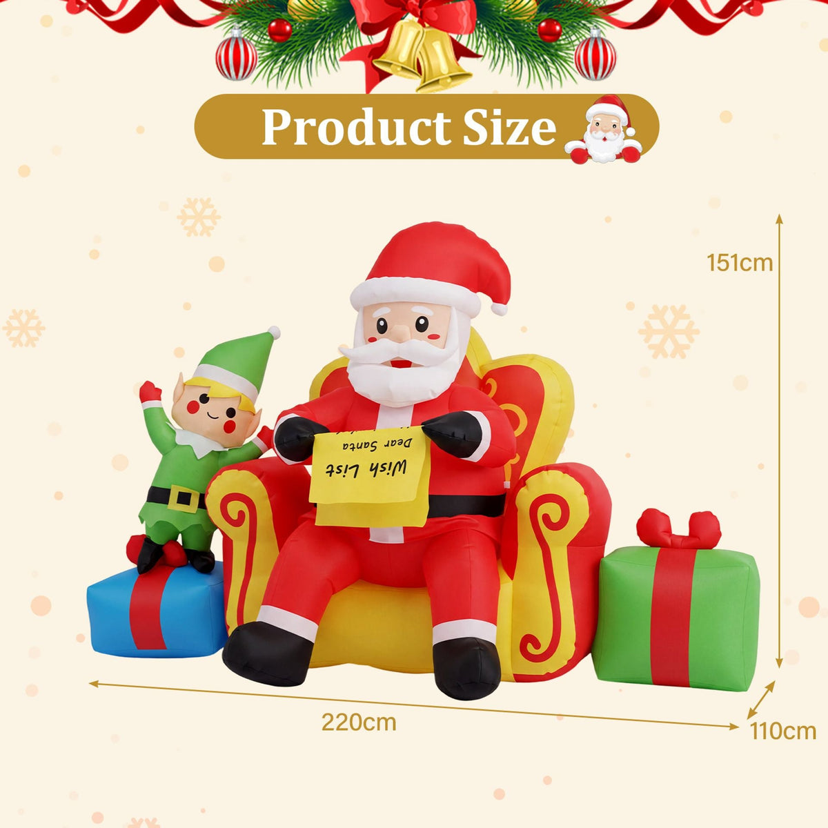 Christmas Inflatable Santa Claus on Sofa with Elf and Gift Boxes Built-in LED Lights