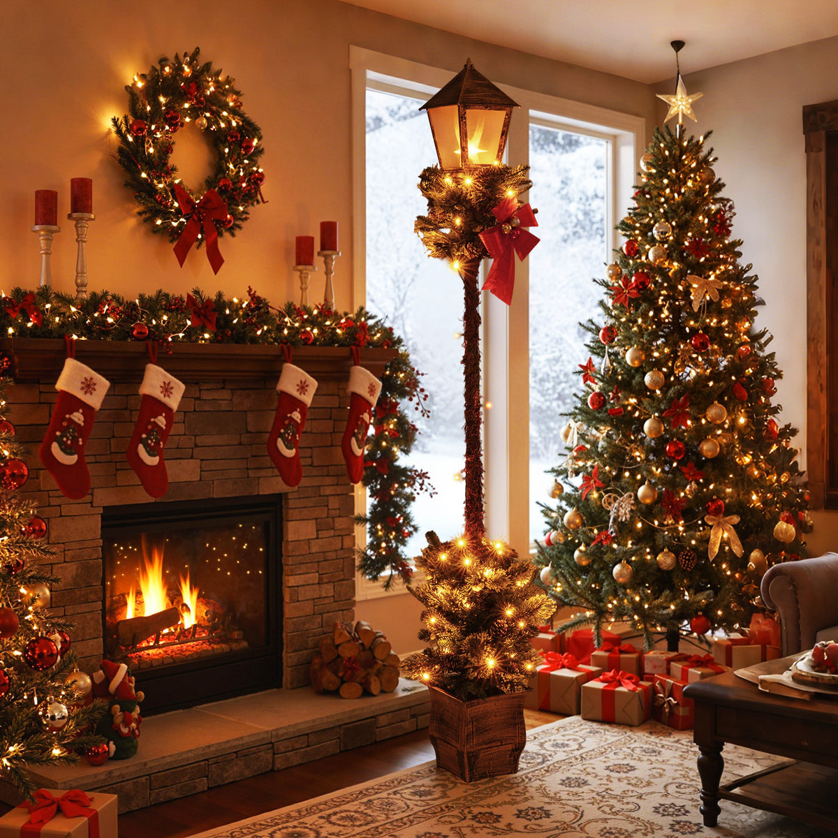 6.1 FT Christmas Pre-lit Street Lamp with Artificial Greenery