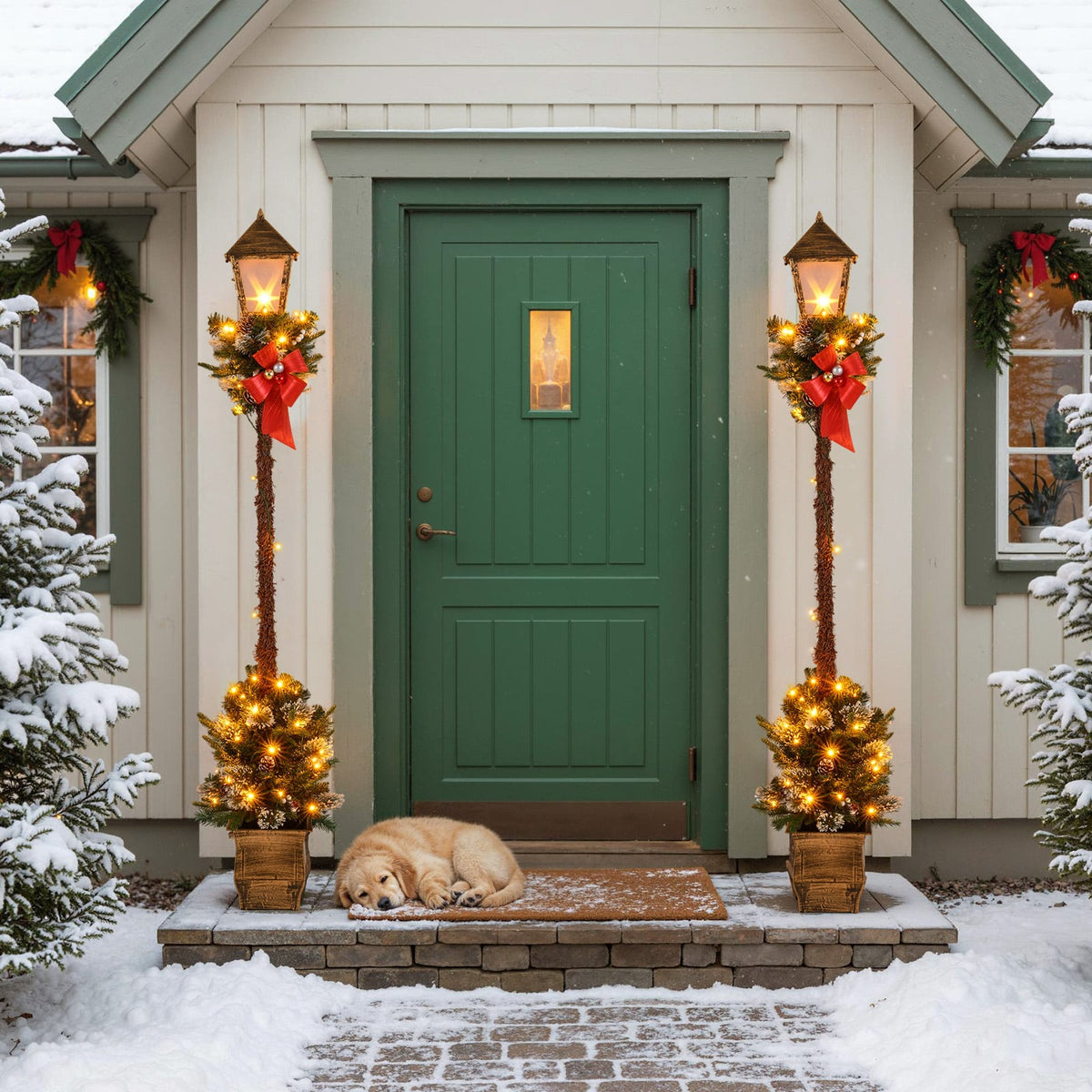 6.1 FT Christmas Pre-lit Street Lamp with Artificial Greenery