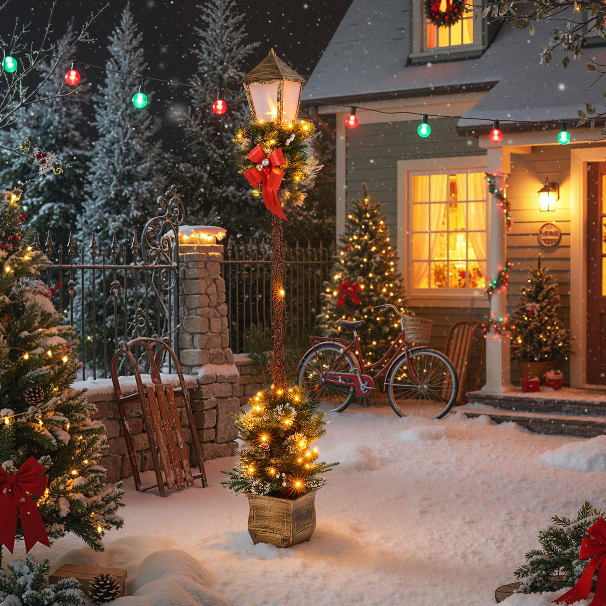 6.1 FT Christmas Pre-lit Street Lamp with Artificial Greenery