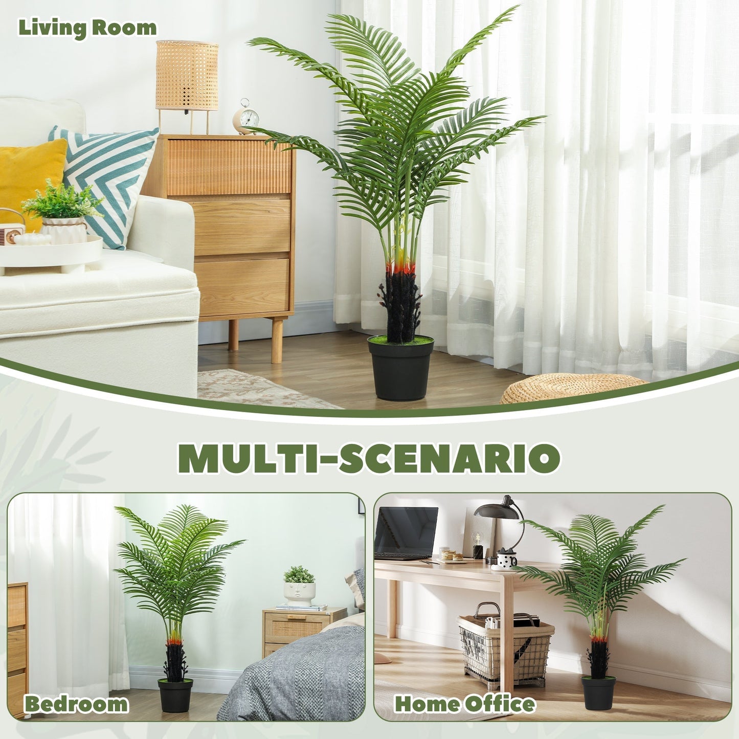 HOMCOM 120cm Artificial Areca Palm Tree with 9 PE Leaves, Decorative Artificial Plant with Plastic Pot and Flocked Soil, Fake Plant for Home Office Decor, Green