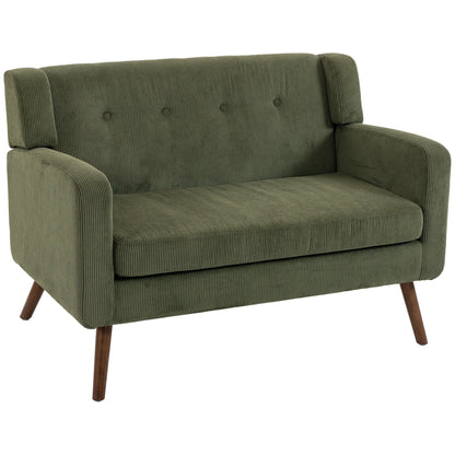 HOMCOM 2 Seater Sofa, 118 cm Corduroy Small Loveseat with Spring Cushion, Wood Legs for Small Space, Living Room, Dark Green