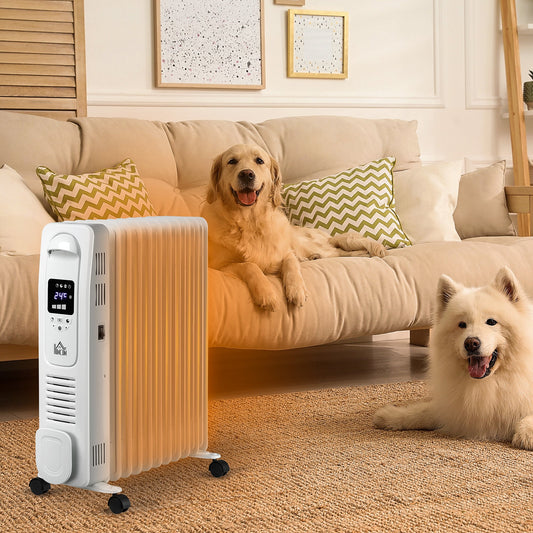 HOMCOM 2500W Digital Display Oil Filled Radiator, 11Fin Portable Electric Heater with Timer, Adjustable Thermostat, Three Heat Settings, Safety Cut Off, Remote, White