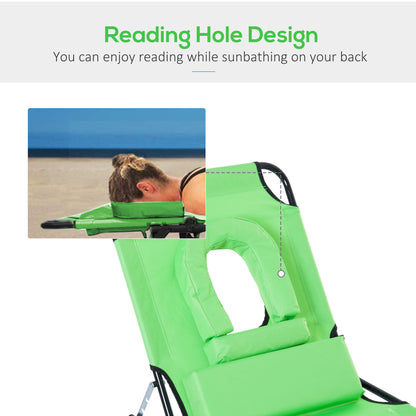 Outsunny Outdoor Folding Sun Lounger with Face Hole, 4 Level Adjustable Backrest Reclining Garden Lounger, Garden Recliner Sunbed with 600 D Oxford Cloth Seat and Pillow for Beach, Green
