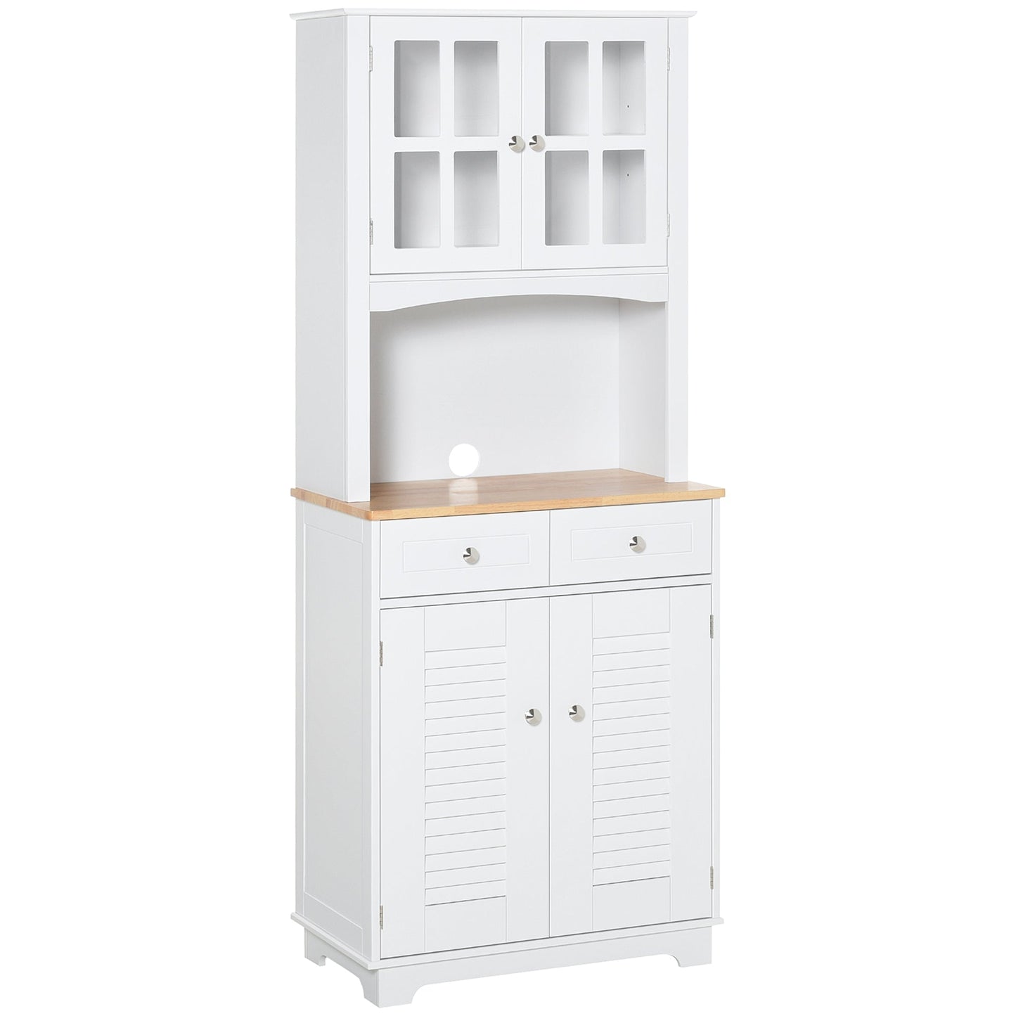HOMCOM Modern Kitchen Cupboard, Louvered Kitchen Storage Cabinet with Framed Glass Doors and 2 Drawers, White