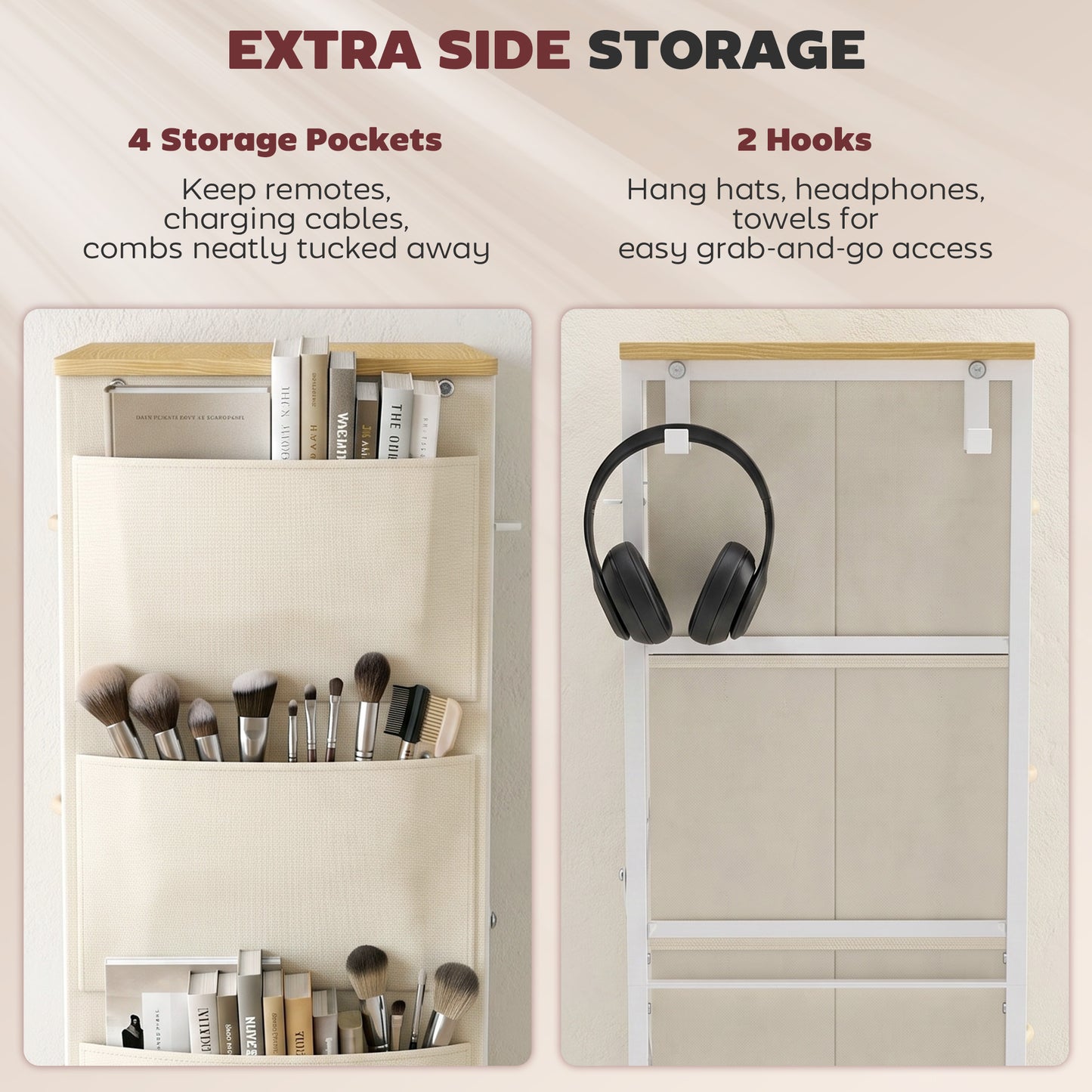 HOMCOM Chest of Drawers with 4 Fabric Drawers, Tall Storage Unit with 2 Hooks and Steel Frame for Bedroom, Beige