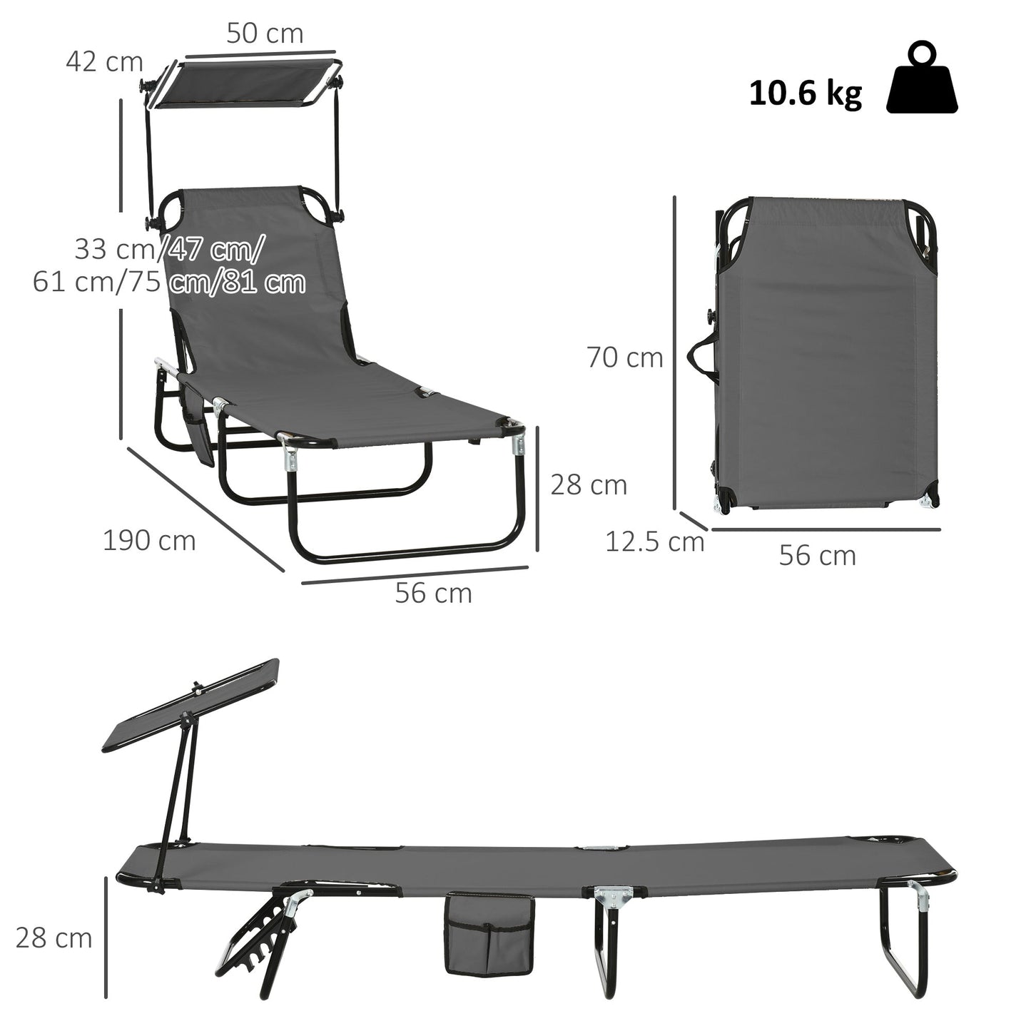 Outsunny Set of Two Folding Sun Loungers, with Adjustable Backs and Sun Canopies - Grey