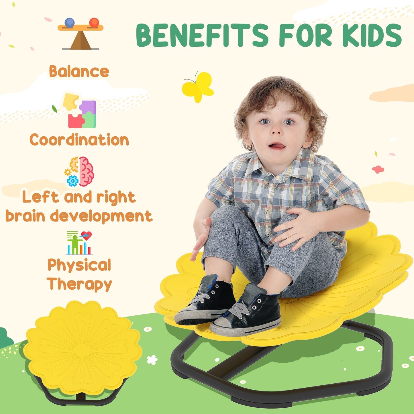 AIYAPLAY Flower-Shaped Sensory Spinning Chair with Non-Slip Base for Balance/Coordination, Yellow