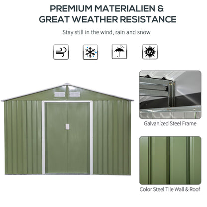 Outsunny 9 x 6 ft Metal Garden Storage Shed Corrugated Steel Roofed Tool Box with Foundation Ventilation and Doors, Light Green