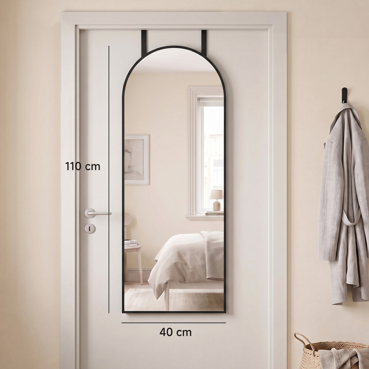 HOMCOM 40 x 110 cm Full Length Hanging Mirror, Arched Mirror with Adjustable Hooks, Over-the-Door or Wall-Mounted, Black