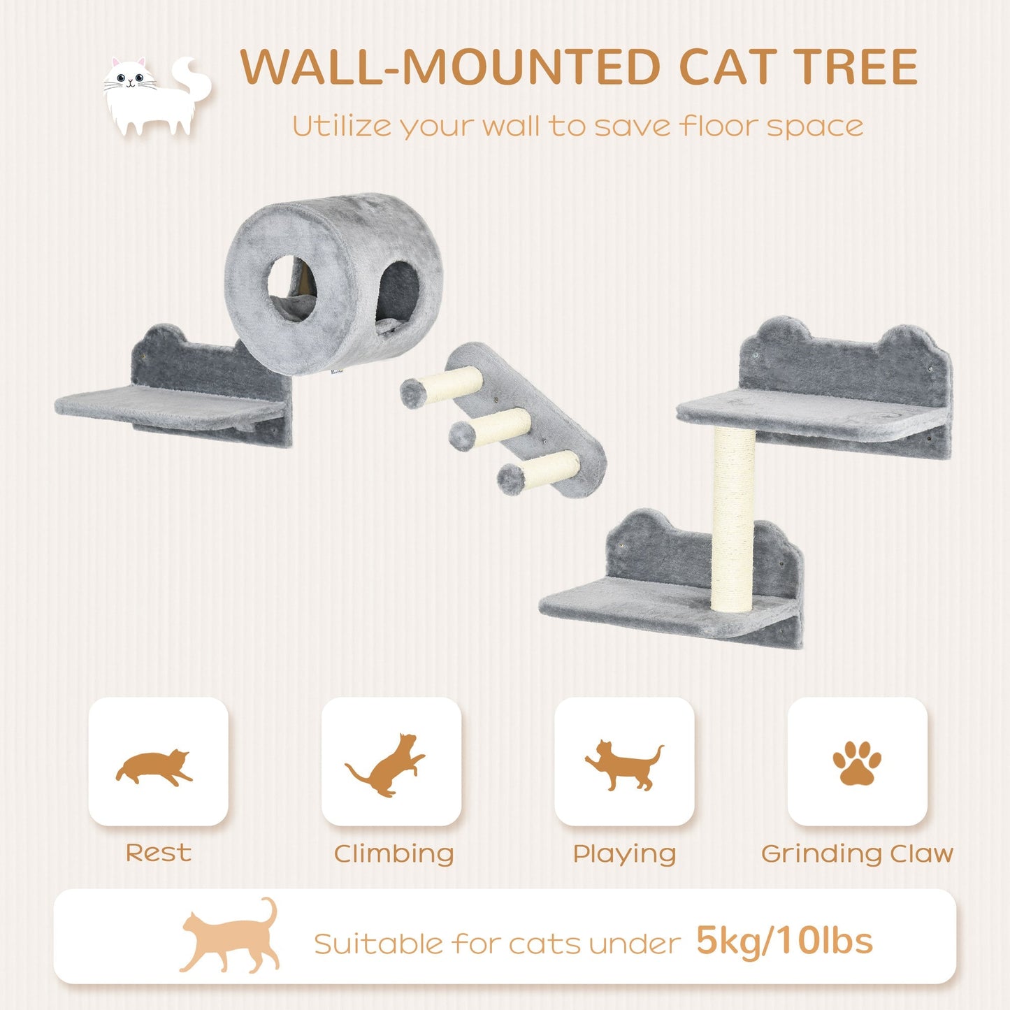 PawHut Four-Piece Wall-Mounted Cat Tree, with Steps, Perch, Cat House - Grey