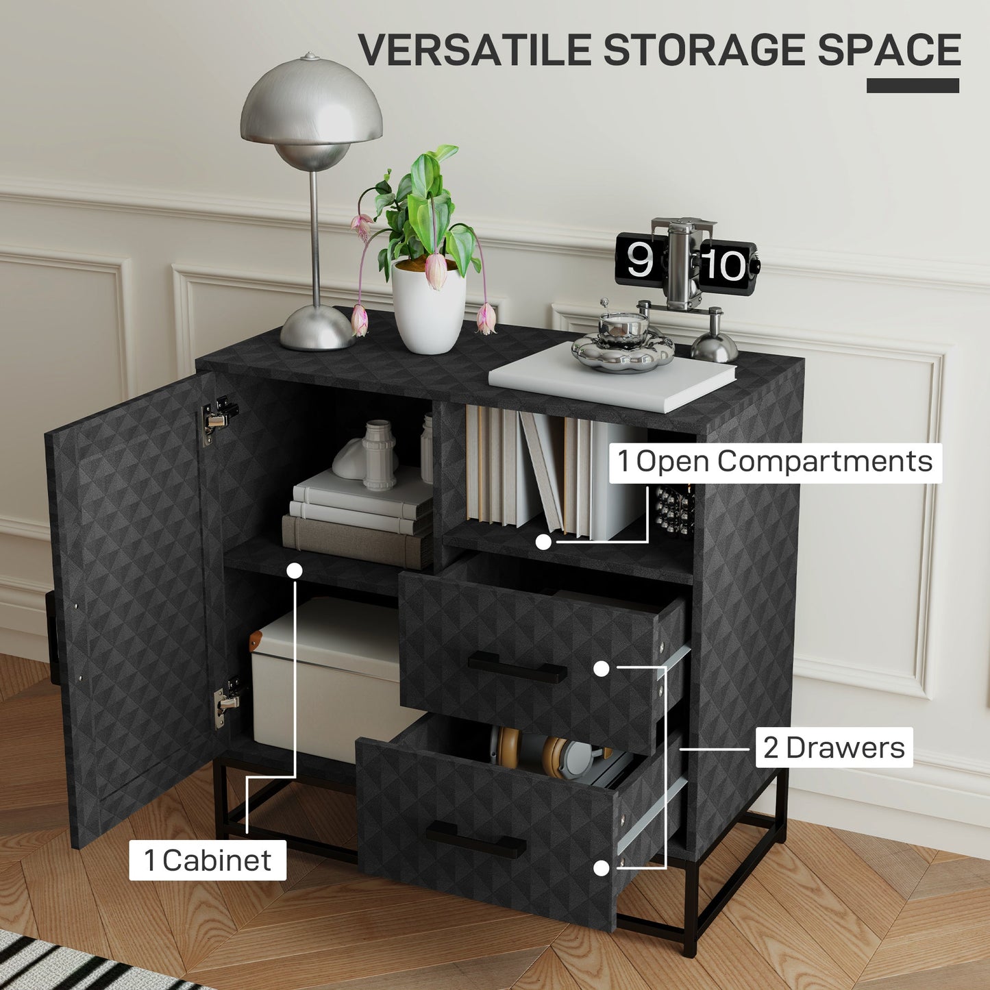 HOMCOM Sideboard with Adjustable Shelf, Freestanding Sideboard Storage Cabinet with Open Compartment and 2 Drawers, Black