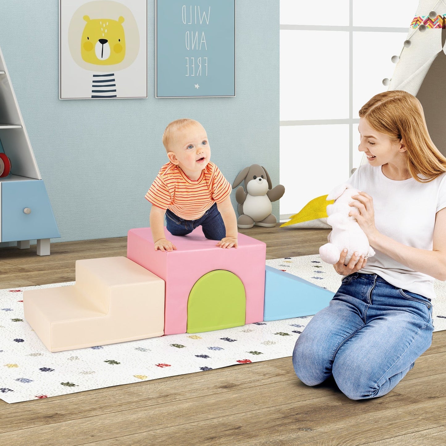 Climb and Crawl Foam Block Play Set for Infant Baby and Toddlers-Pink
