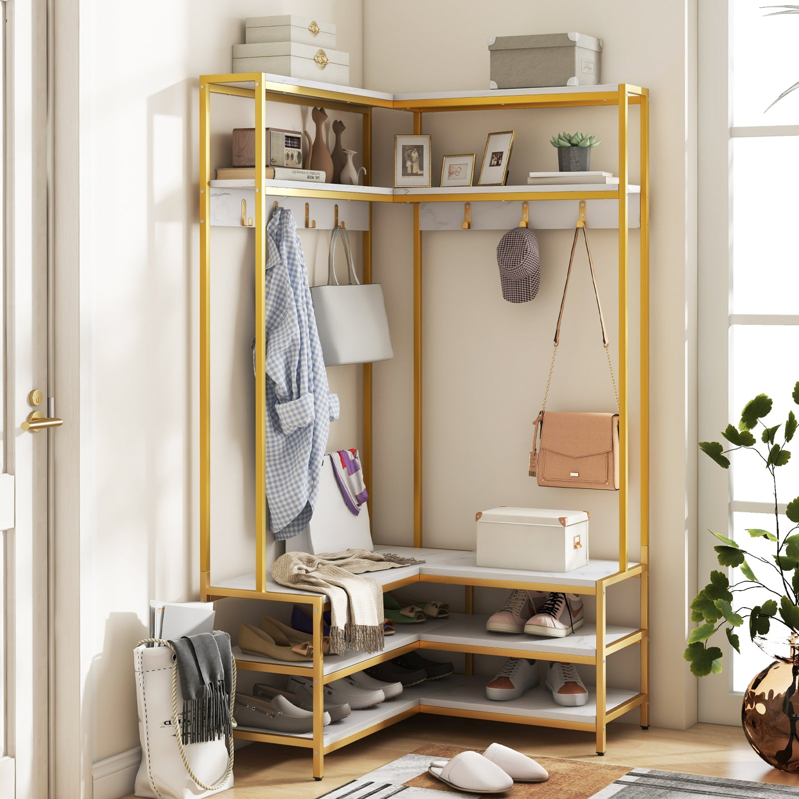 L-shaped Clothes Corner Garment Rack with Open Shelves and 7 Hooks-White