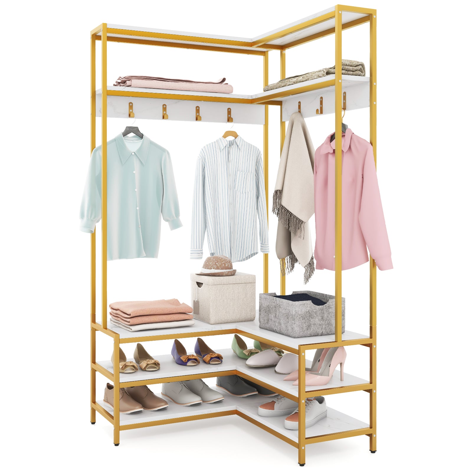 L-shaped Clothes Corner Garment Rack with Open Shelves and 7 Hooks-White
