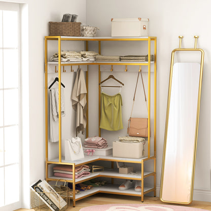 L-shaped Clothes Corner Garment Rack with Open Shelves and 7 Hooks-White