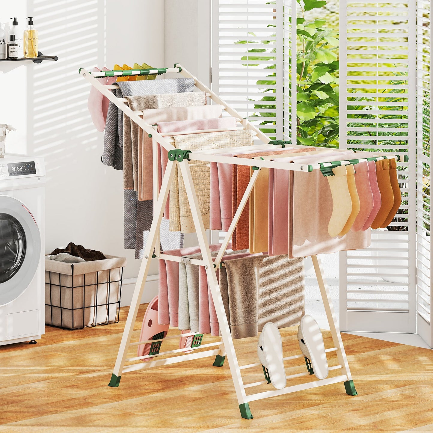 Clothes Drying Rack Foldable Laundry Drying Rack with 16 Drying Rails-Beige