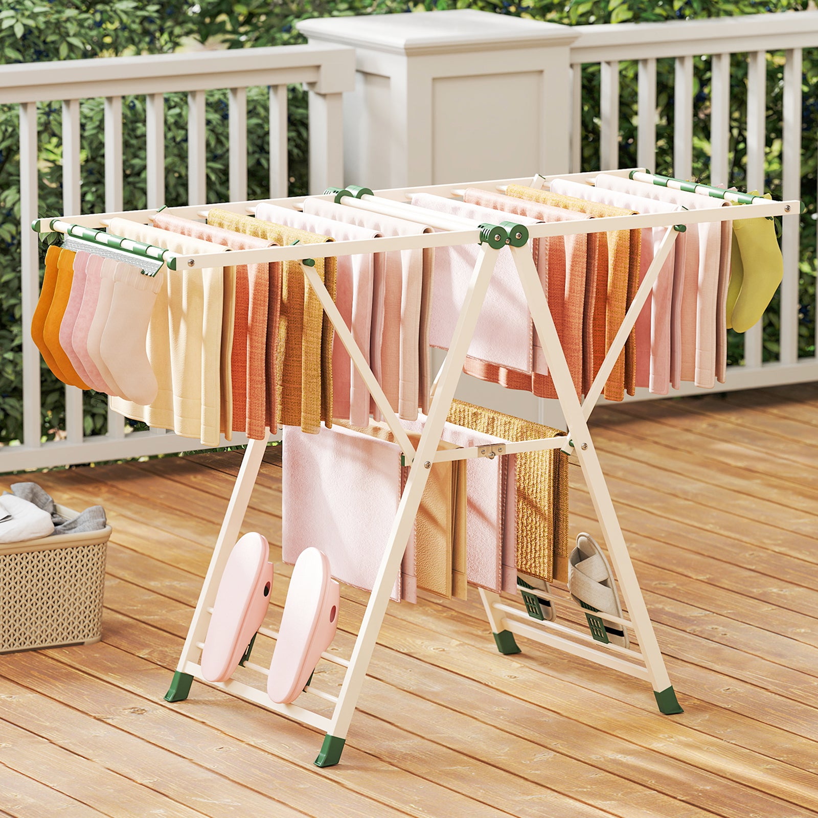 Clothes Drying Rack Foldable Laundry Drying Rack with 16 Drying Rails-Beige