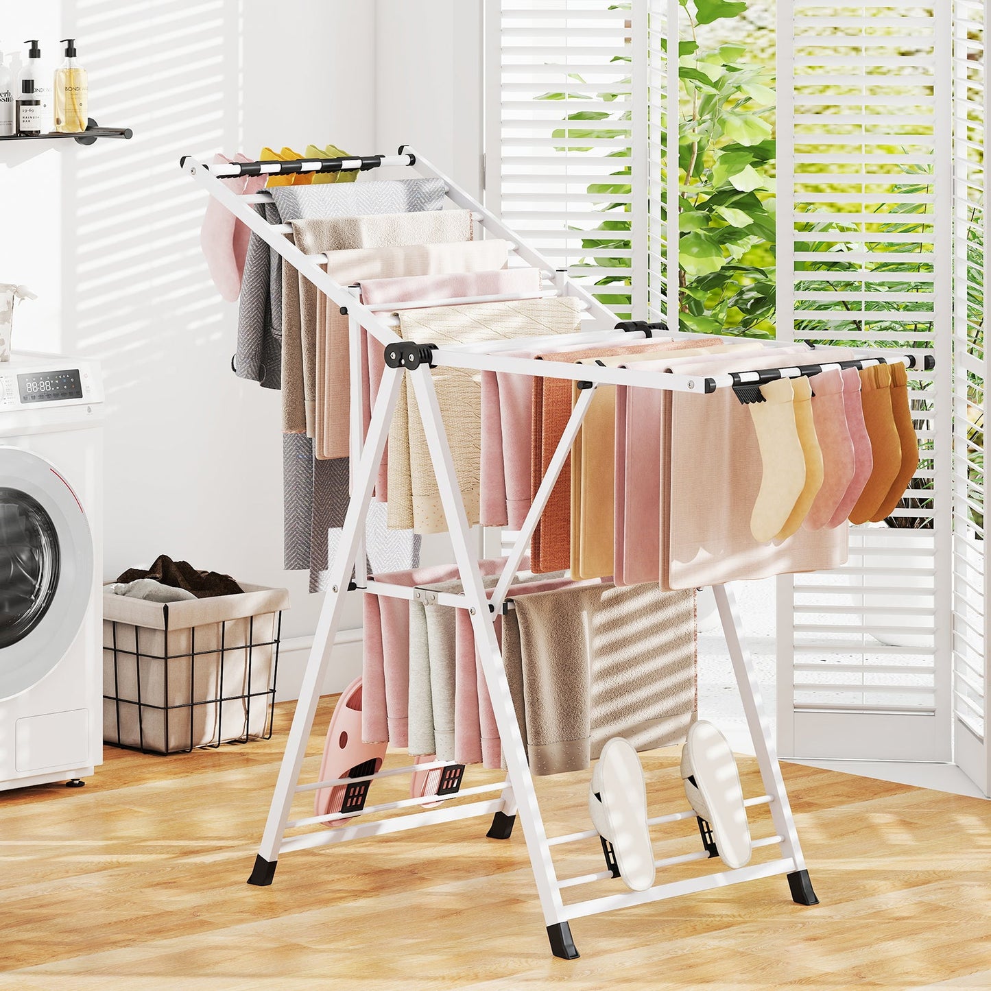 Clothes Drying Rack Foldable Laundry Drying Rack with 16 Drying Rails-White