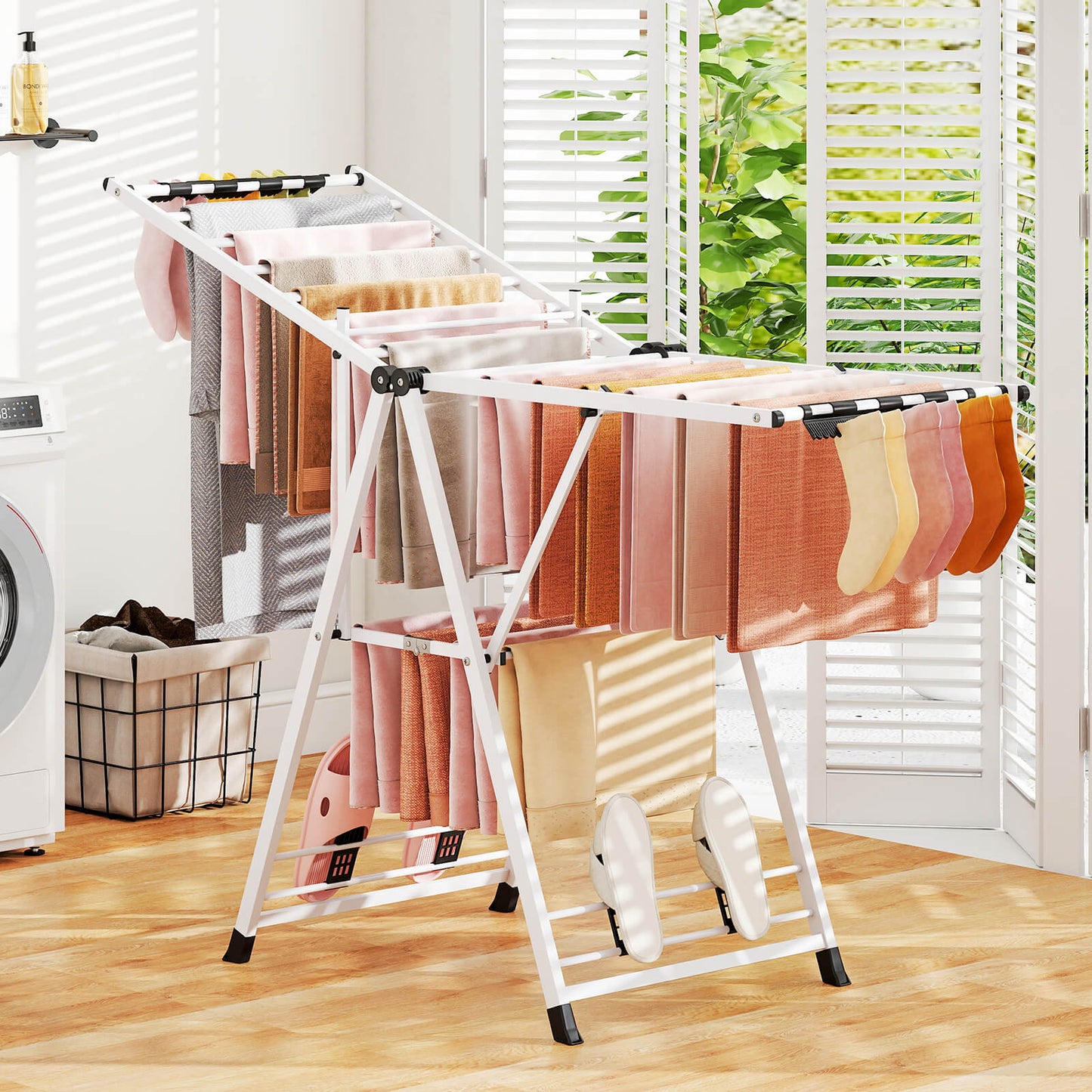 Clothes Drying Rack Foldable Laundry Drying Rack with 18 Drying Rails-White