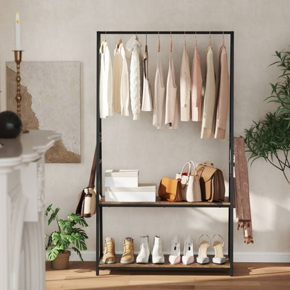 Clothes Rack with 2 Shelves and S Hooks for Laundry-Brown