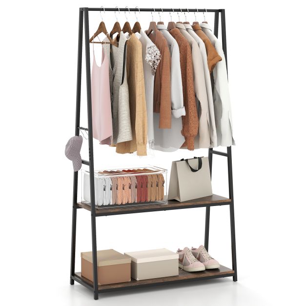 Clothes Rack with 2 Shelves and S Hooks for Laundry-Brown