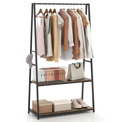 Clothes Rack with 2 Shelves and S Hooks for Laundry-Brown