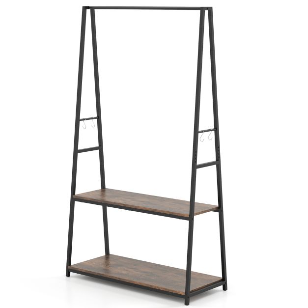 Clothes Rack with 2 Shelves and S Hooks for Laundry-Brown