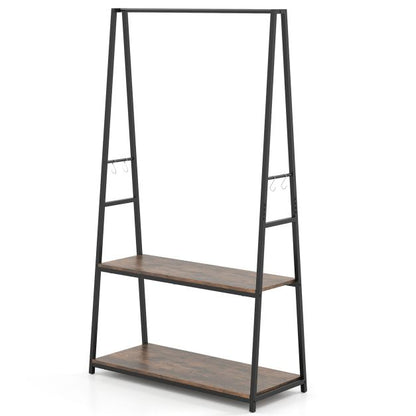 Clothes Rack with 2 Shelves and S Hooks for Laundry-Brown