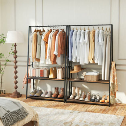 Clothes Rack with 2 Shelves and S Hooks for Laundry-Brown