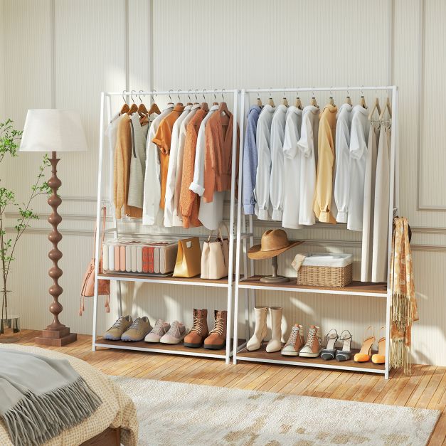 Clothes Rack with 2 Shelves and S Hooks for Laundry-Natural